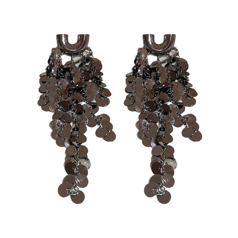 U-shaped Cluster Sequins Long Fringe Heavy Metal Earrings