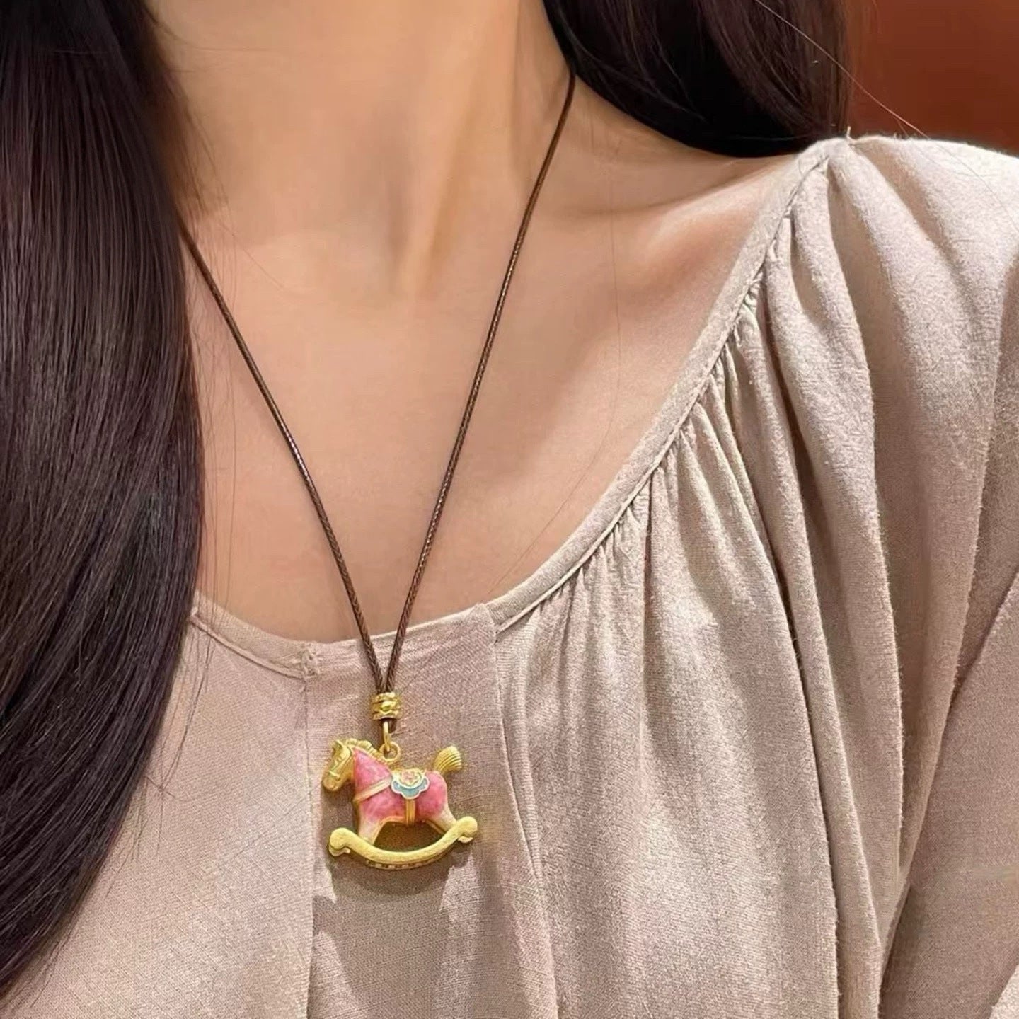 Cute Pink Blue Wooden Copper Coin Sweater Long Female Accessory Necklace