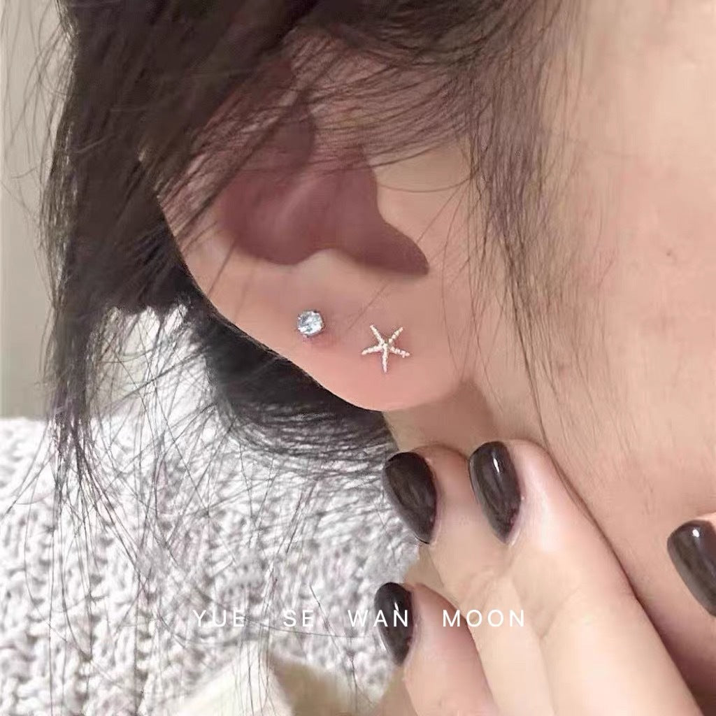Ice Blue Zircon Titanium Steel Ear Bone Double Twin Stud Earrings