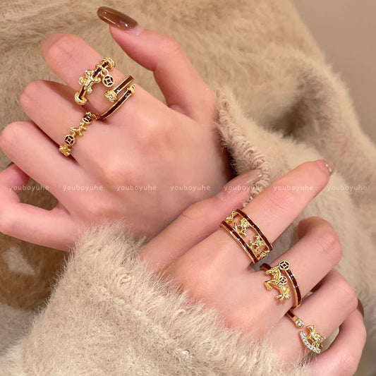 Women's Golden Pony Light Luxury High-grade Sense Twin Index Finger Ring