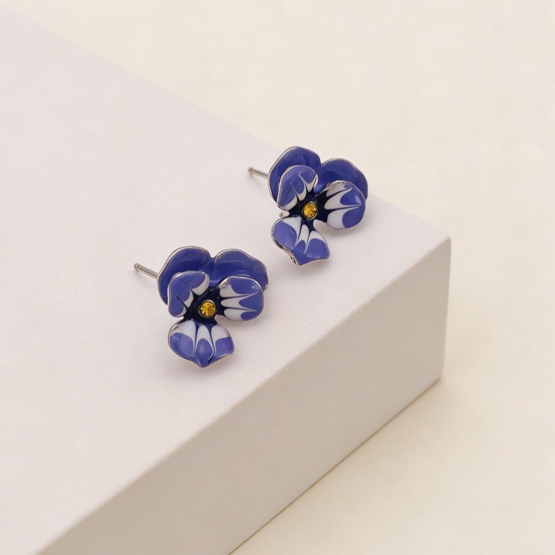 Enamel Glaze Flower Sier Needle Fashion Grass Drop Oil Asymmetric Earrings