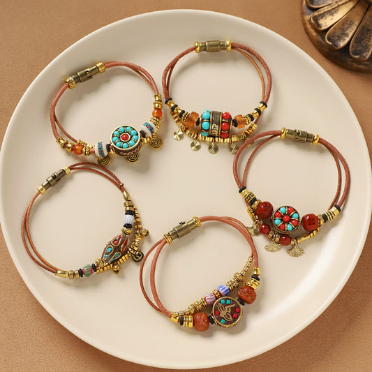 Nepal Vintage Cowhide Beaded Tibetan Ethnic Bracelet