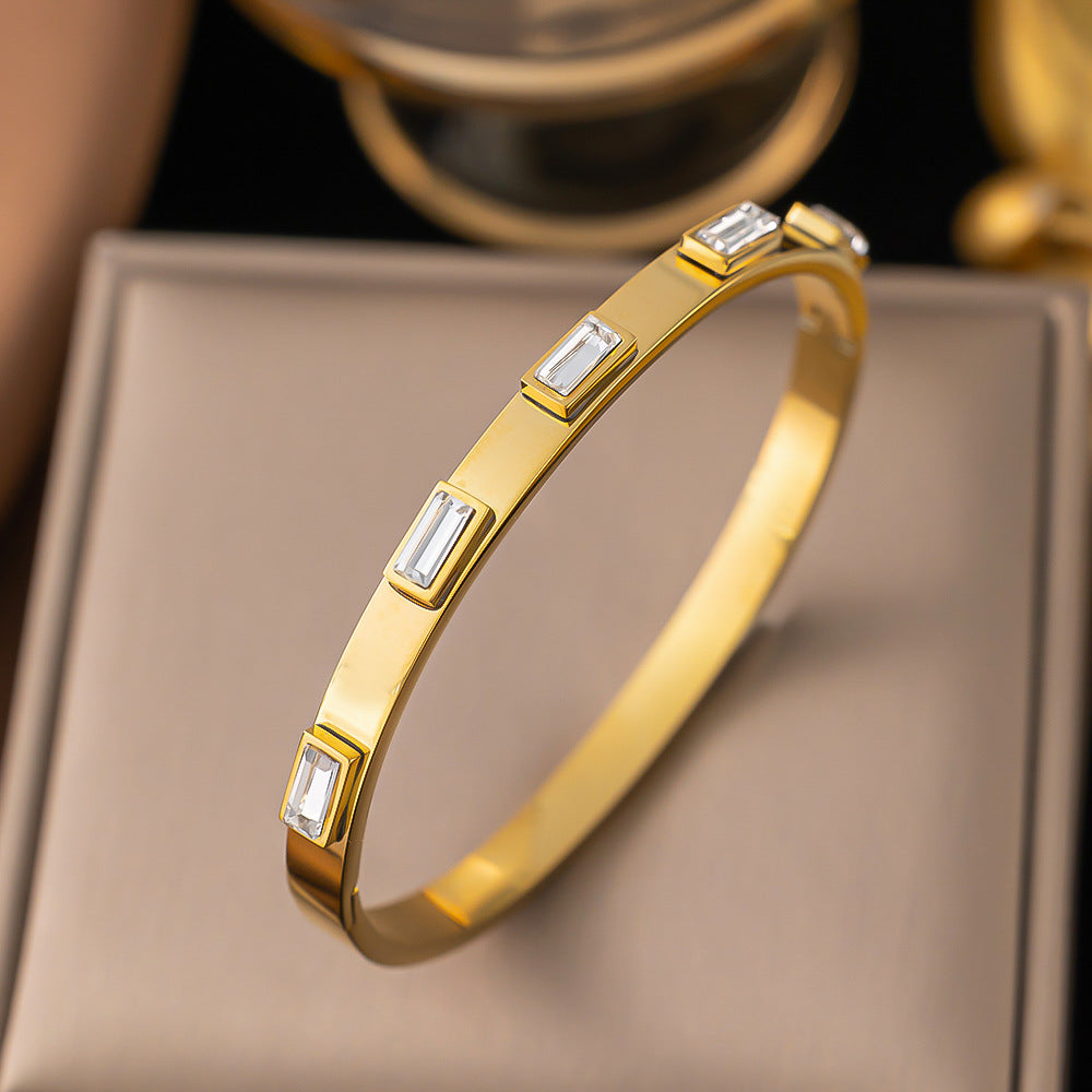 Women's Style Titanium Steel Rectangular Zircon Inlaid Gold Bracelets