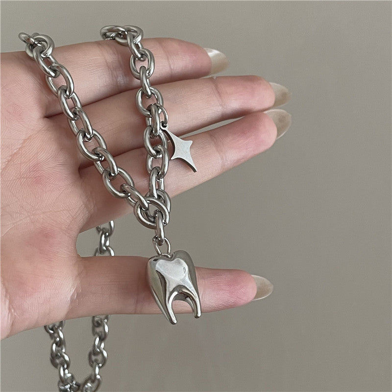 Hop Stainless Steel Titanium Thick Chain Fun Teeth Shape Necklace