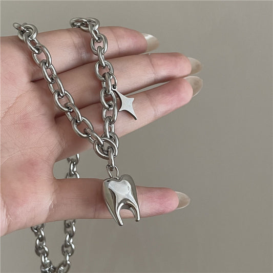 Hop Stainless Steel Titanium Thick Chain Fun Teeth Shape Necklace