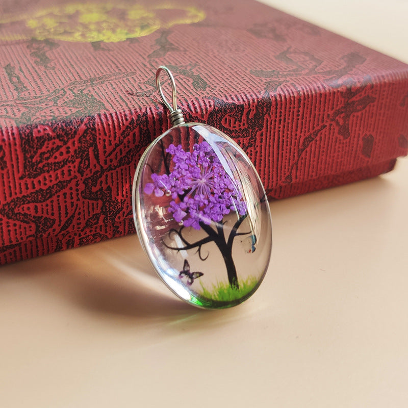 Tree Preserved Fresh Flower Artificial Crystal Oval Starry Sky Plant Necklace