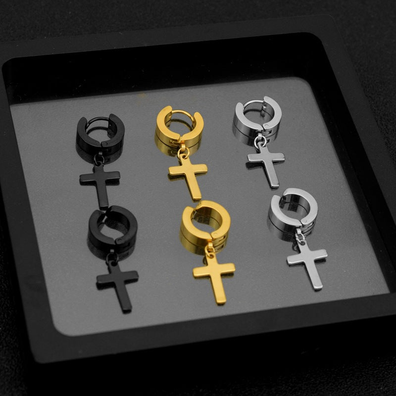 Round Flat Cross Diamond Titanium Steel Ear Rings