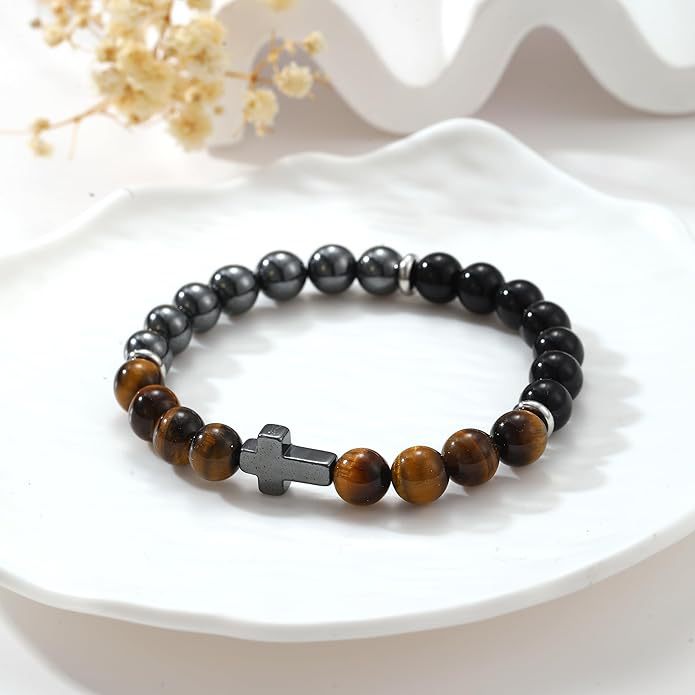 Women's & Men's Triple Protection Cross Obsidian Spacer Tigereye Bracelets