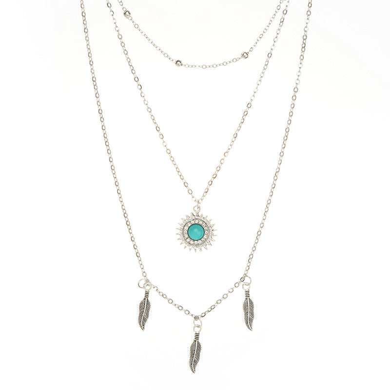 Retro Turquoise Spot Drill Alloy Feather Necklaces