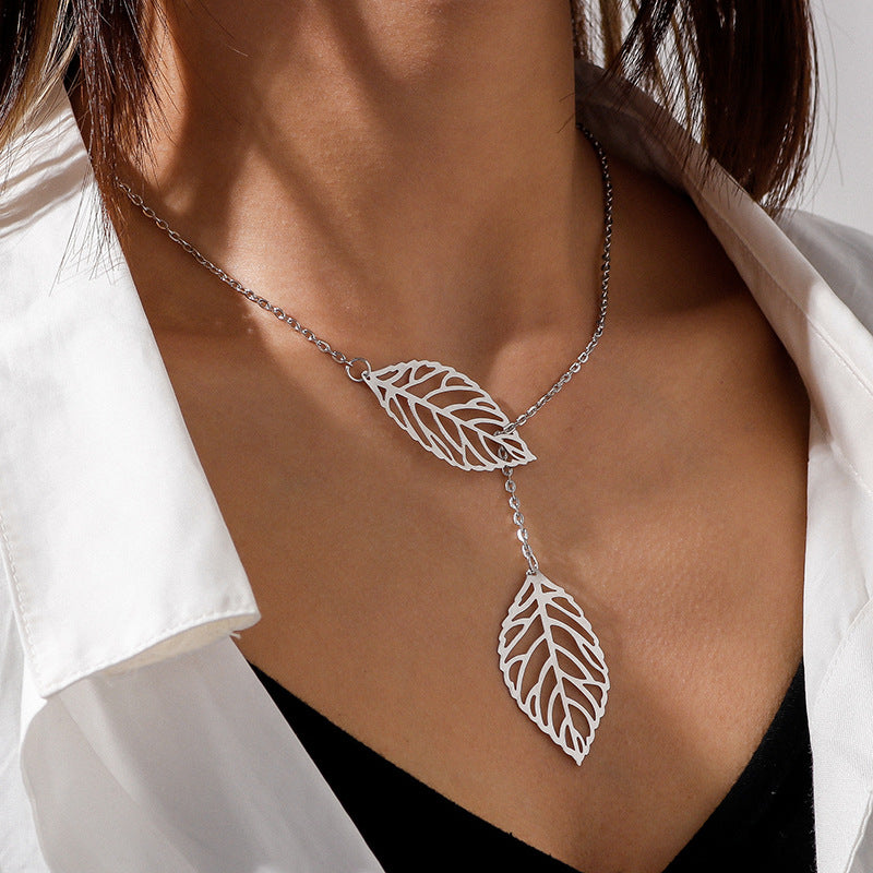 Fashion Trendy Mori Style Metal Leaves Double Necklaces