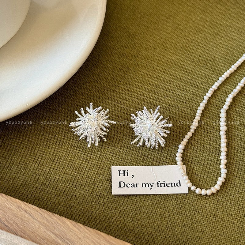 Women's White Pearl Fireworks Metal Beads Clip Mild Luxury Earrings