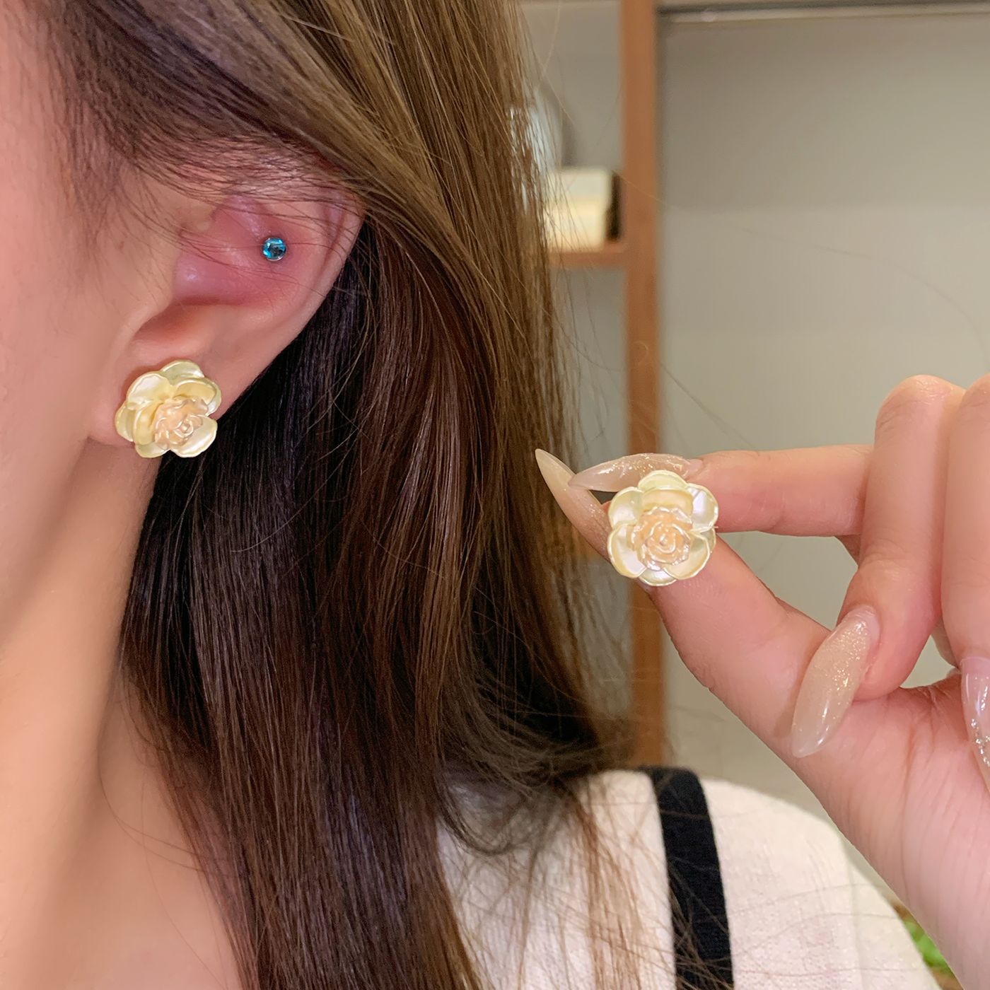 Oil Dripping Gold Camellia Female Sier Needle Gentle Sweet Style Rings