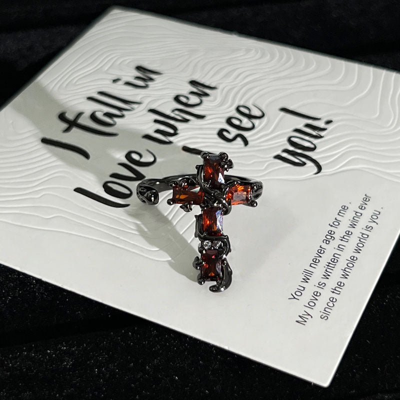 Trendy Cool Full Diamond Dark Style Cross Red Maple Leaf Ring