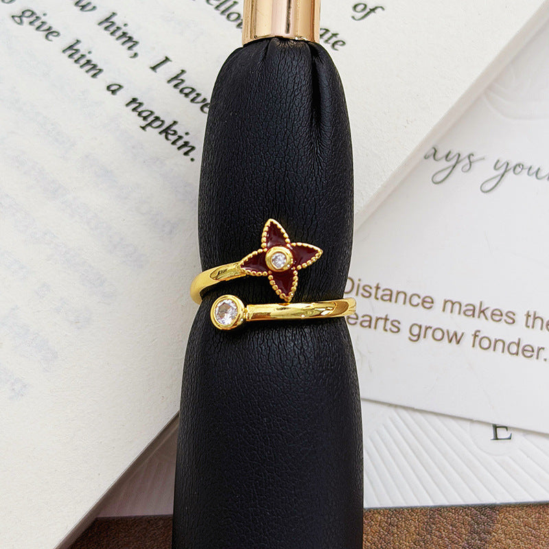 Women's Sweet Retro Affordable Luxury Colorful Enamel Flower Pearl Diamond Asterism Rings