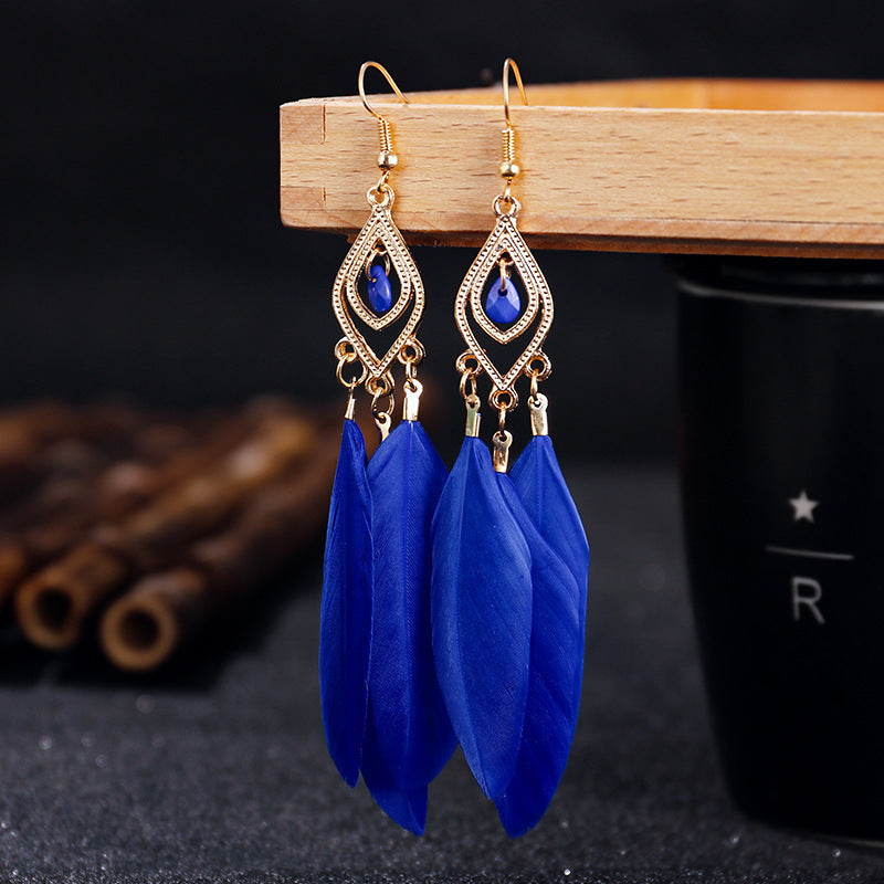 Women's Diamond Alloy Bead Tassel Feather Colorful Earrings