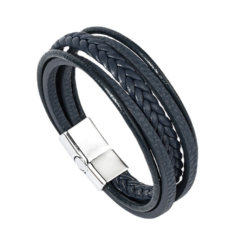 Men's Woven Alloy Magnetic Buckle Leather Rope Bracelets