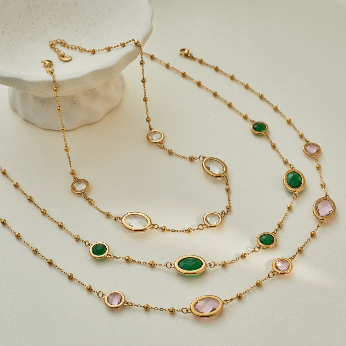 Stainless Steel Sweet Cool Style Colored Gems Edging Bead Necklaces