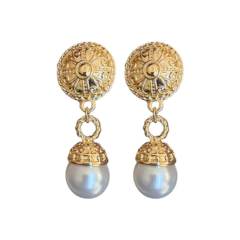 Women's Metal Round Imitation Pearl Tassel Sier Pin French Retro Baroque Earrings