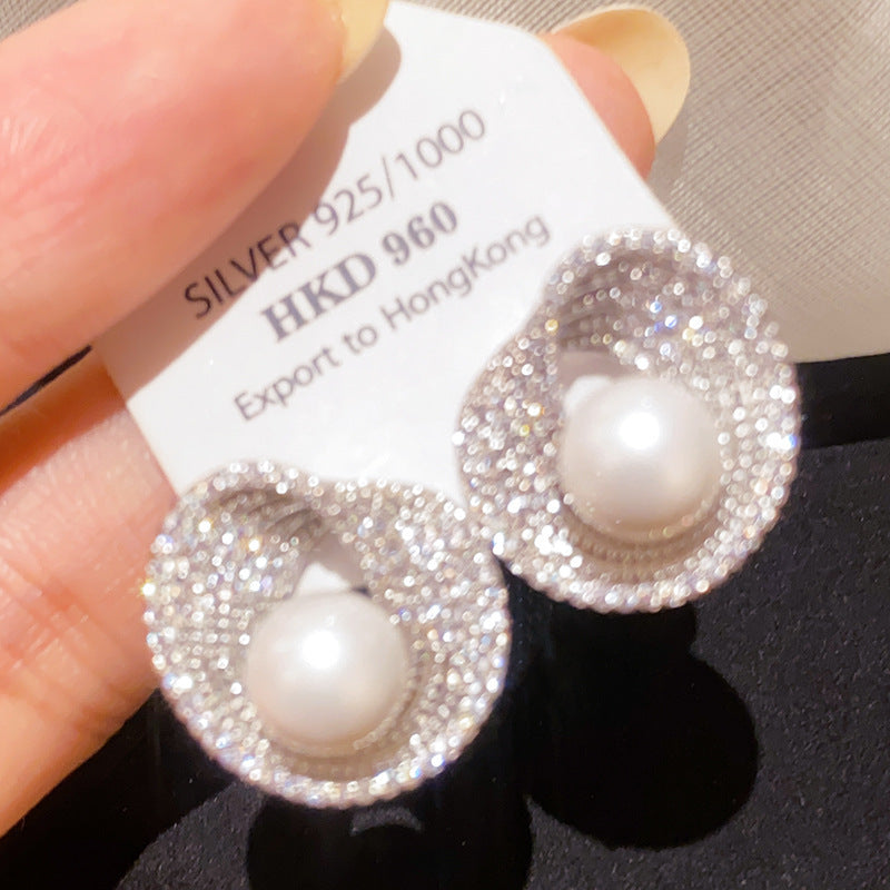 Sier Needle Zircon Irregular Round Pearl Light Luxury High-grade Refined Earrings