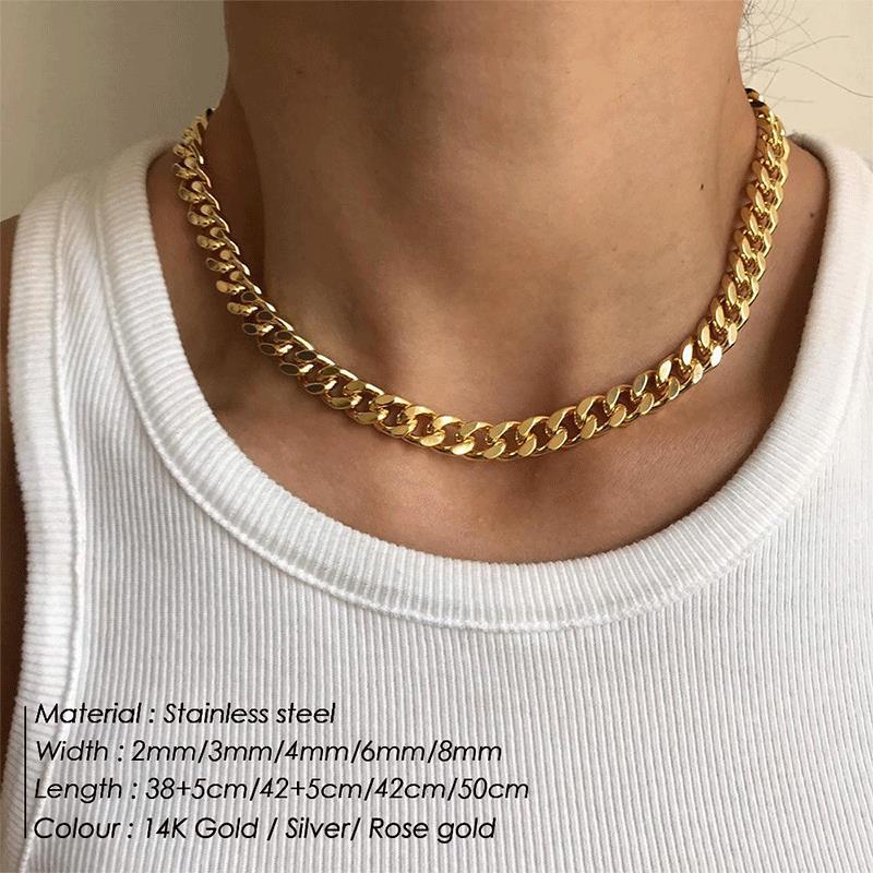 Women's & Men's Cuban Link Chain Stainless Steel Street Sweater Gold Necklaces