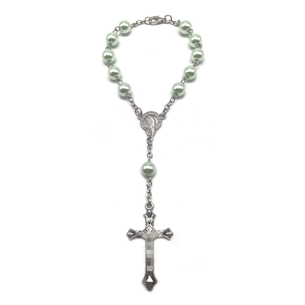 Artificial Glass Pearl Rosary Zinc Alloy Cross Beaded Bracelet