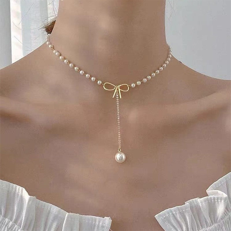 Pearl Sweet Bow Clavicle Chain Y-shaped Artificial High Necklaces