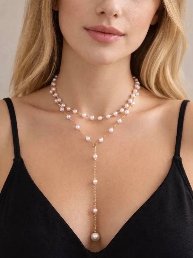 Women's Elegant Imitation Pearl Gold Cross Y-shaped Beaded Twin Clavicle Necklace
