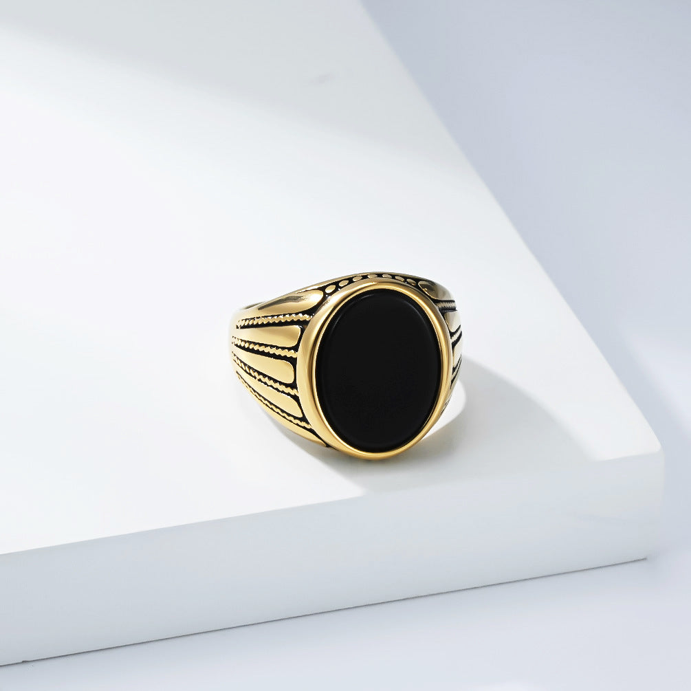 Men's Trendy Retro Black Onyx Titanium Steel Niche High Ring