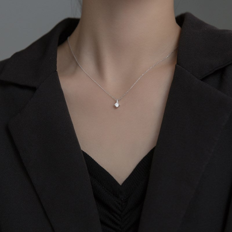 Sier Solitaire Simple Classic Style Clavicle Chain Diamond Inlaid Necklace