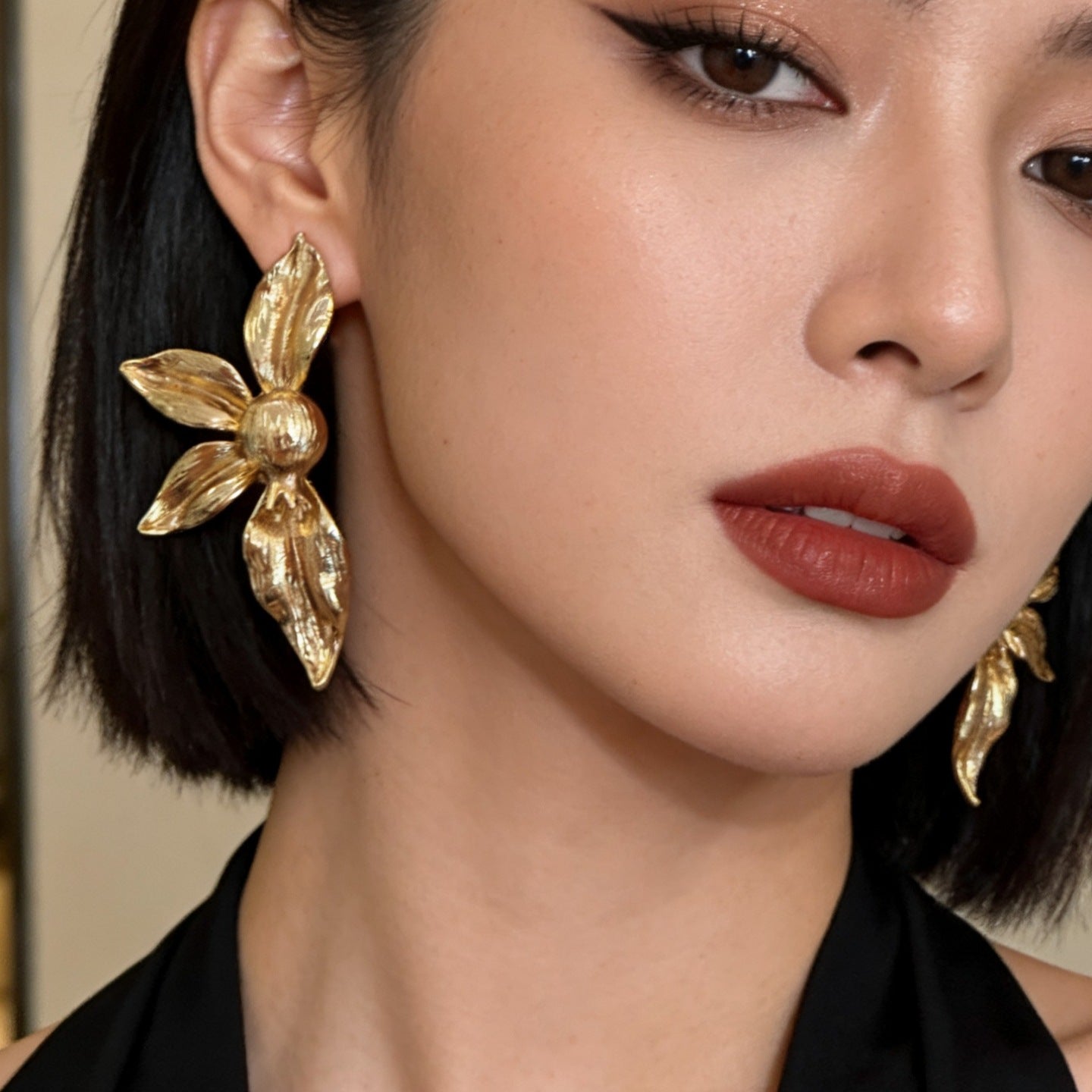 Petal Metal Asymmetric Golden Flower-shaped Fan-shaped Earrings