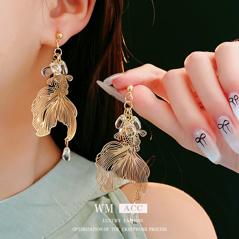 Women's Style Sier Needle Koi Unique Design Temperamental High-grade National Earrings
