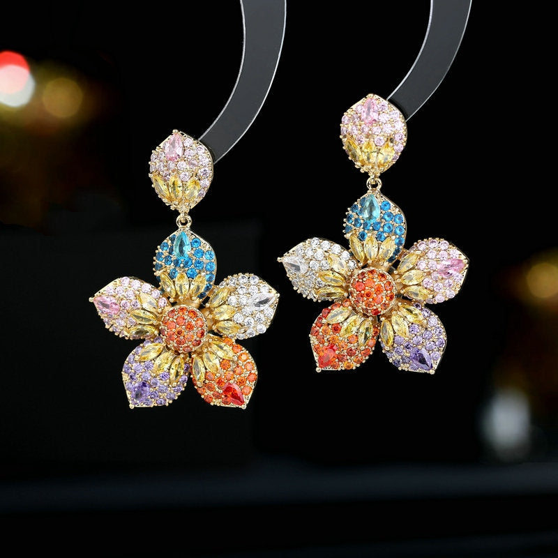Color Zircon Exaggerated Elegant Graceful Wedding Banquet Dress With Earrings