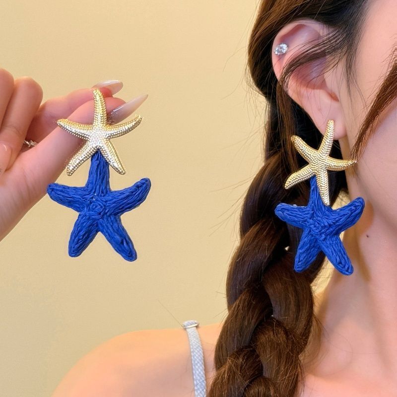 Island Dopamine Straw Double Starfish Unique Beautiful Earrings