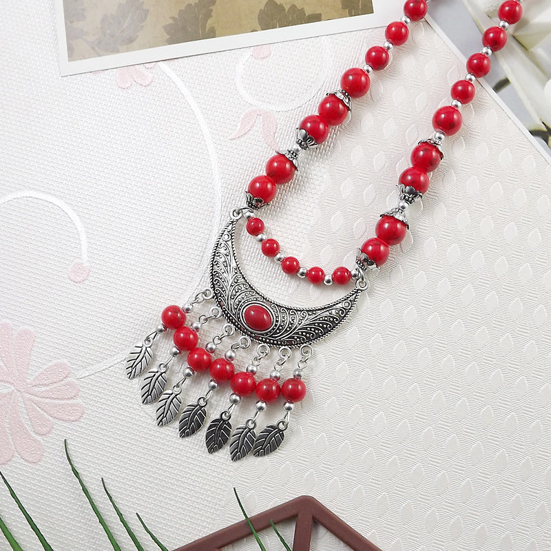 Retro Ethnic Style Crescent Leaf Tassel Forehead Exotic Necklace