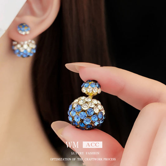 Women's Needle Blue Diamond Round Front Rear Two-way Exquisite Fashion Light Earrings