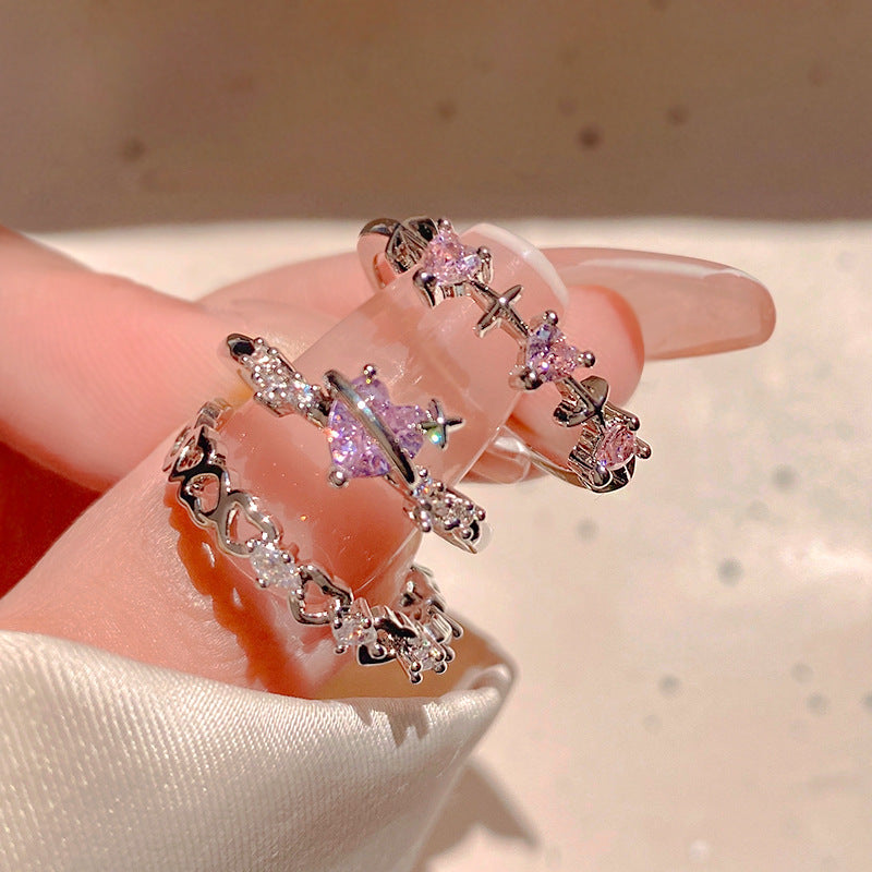 Pink Diamond Love Heart-shaped Set Three-piece Rings