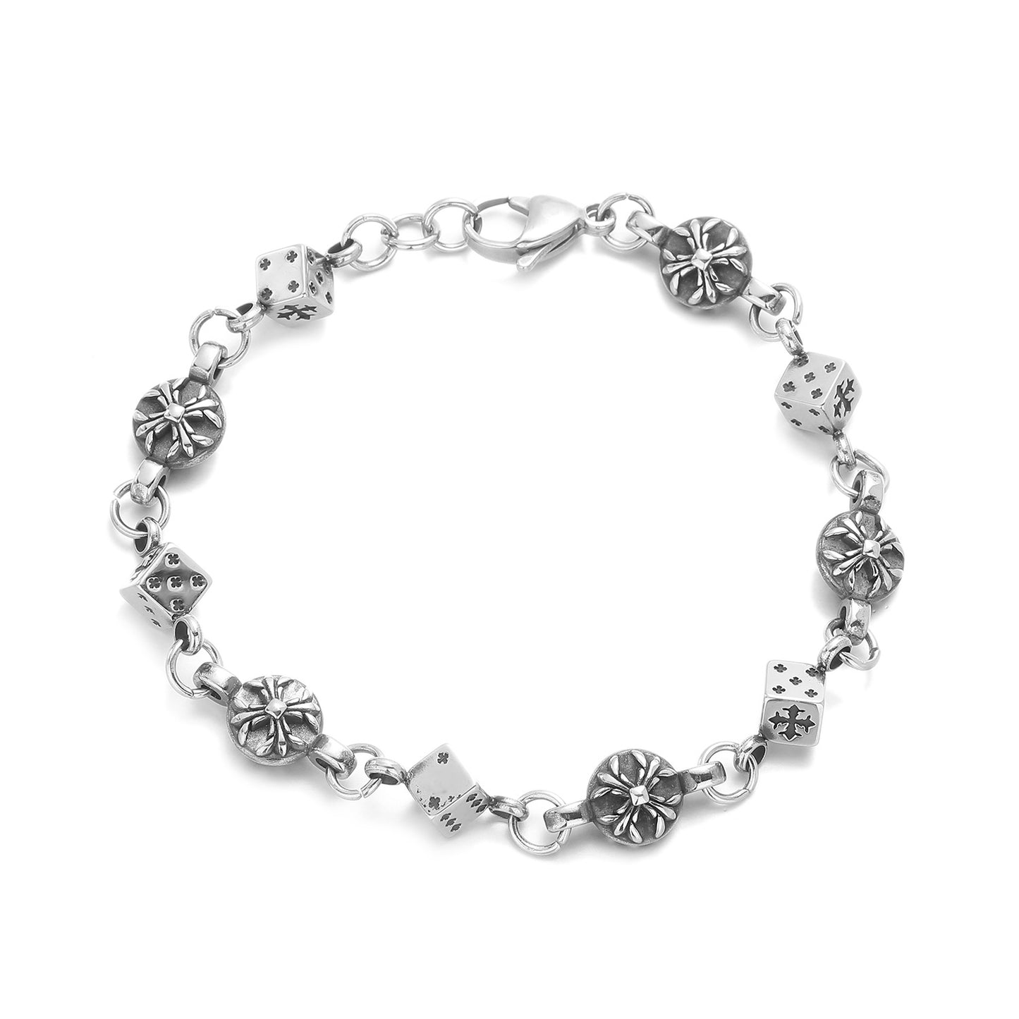 Women's & Men's Retro Titanium Steel Dice Cruciate Flower Simple Hip Hop Gold Bracelet