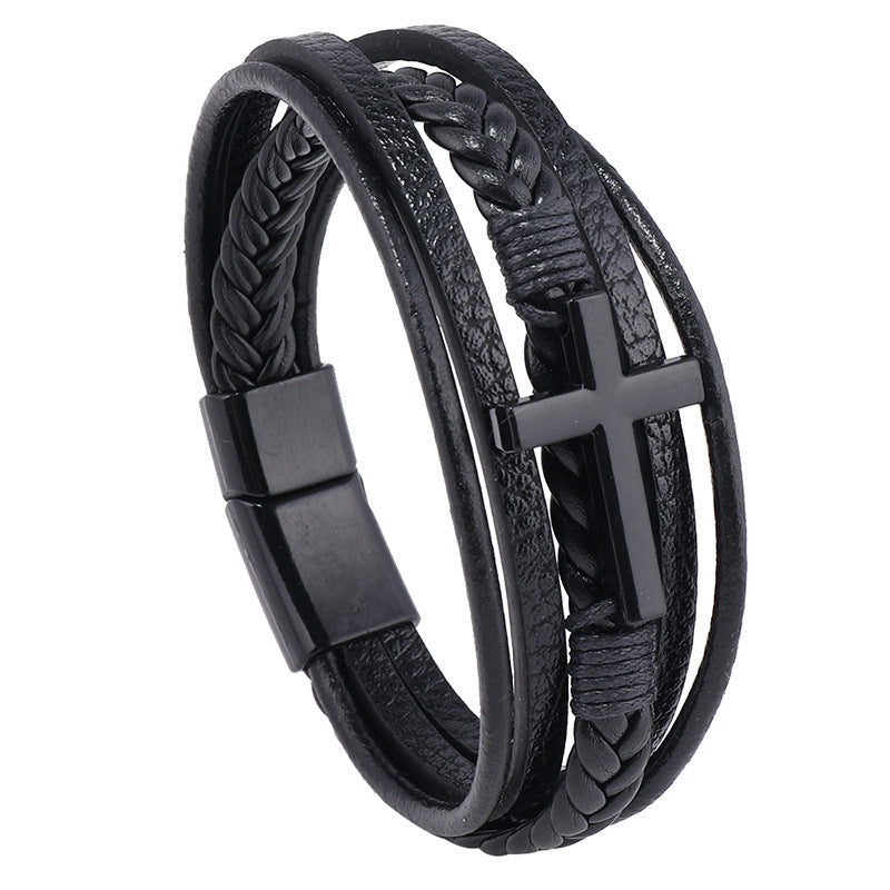 Men's Cross Leather Handmade Braided Rope Magnetic Bracelets