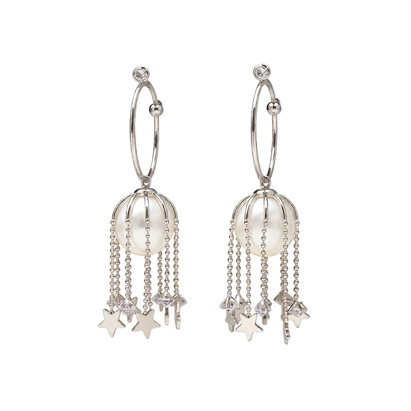 Sier Needle Retro Imitation Pearl Zircon Geometric Shaped Star Tassel Earrings