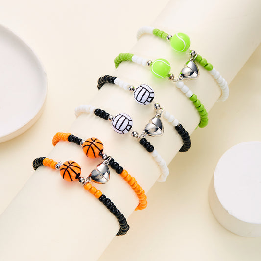 Basketball Tennis Bead Woven Magnetic Couple Bracelets