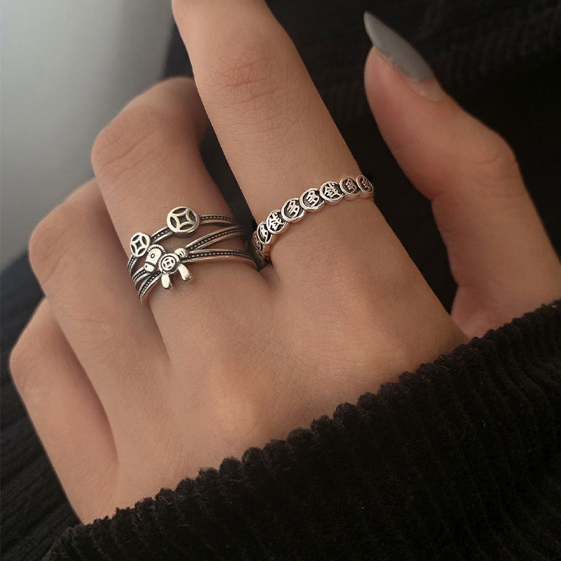 Coin Index Finger Retro Distressed Twin Style Imitation Thai Sier Rings