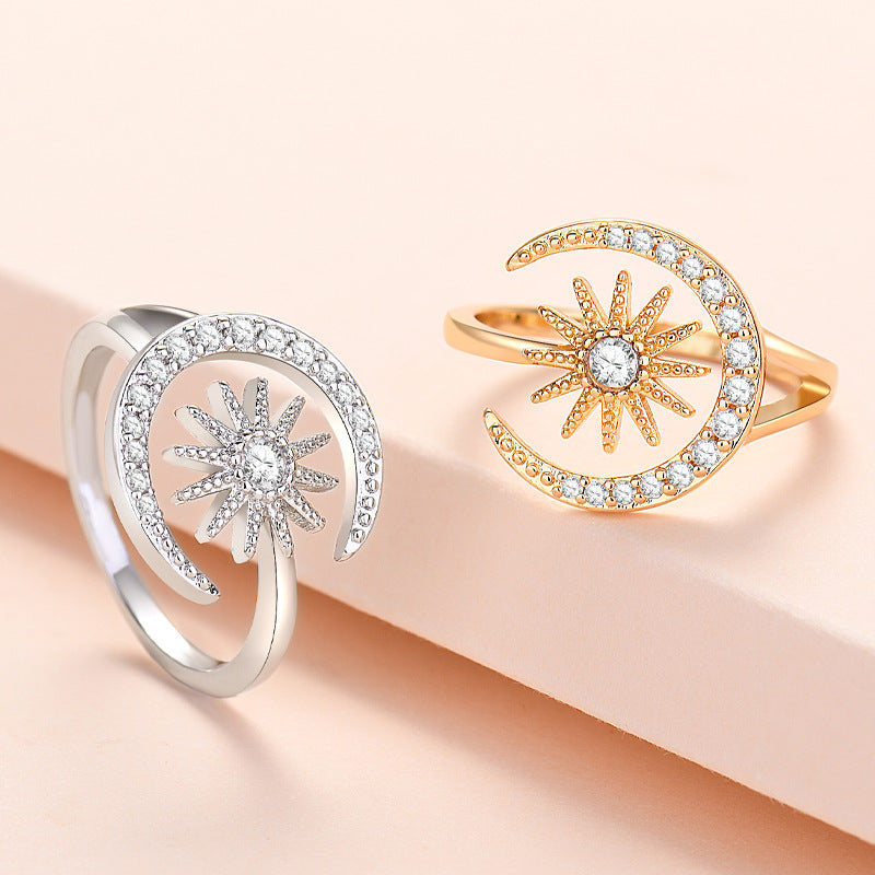 Sun Moon Female Fashion Small Creative Micro Inlaid Zircon Opening Rings