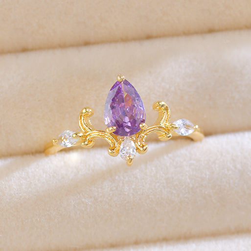 Flower Branch Design Water Drop Zircon Olive Green Purple Rings