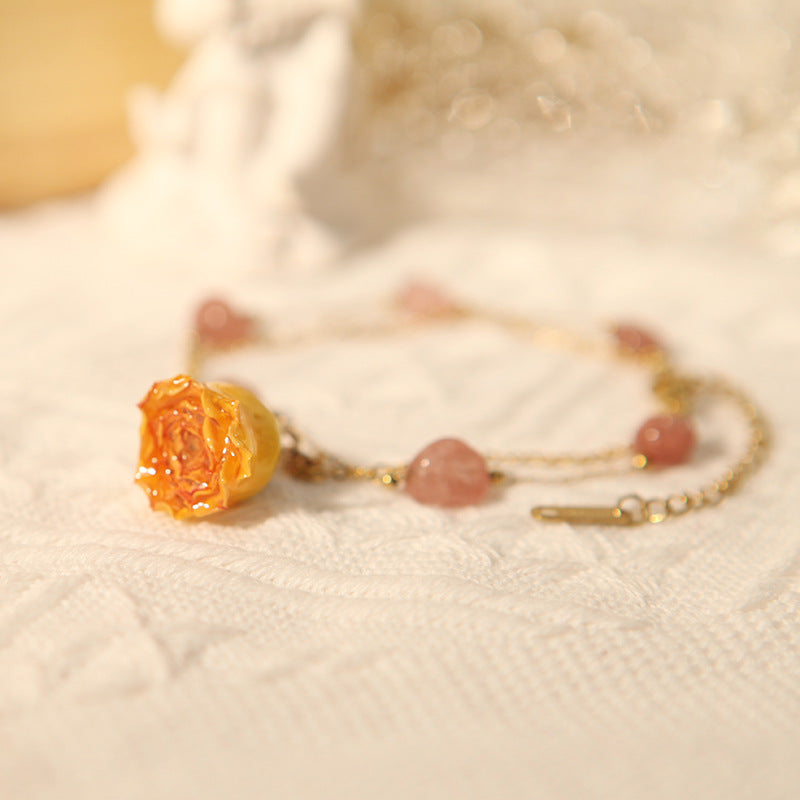 French Retro Preserved Fresh Flower Rose Pearl Design Double Layer Bracelet