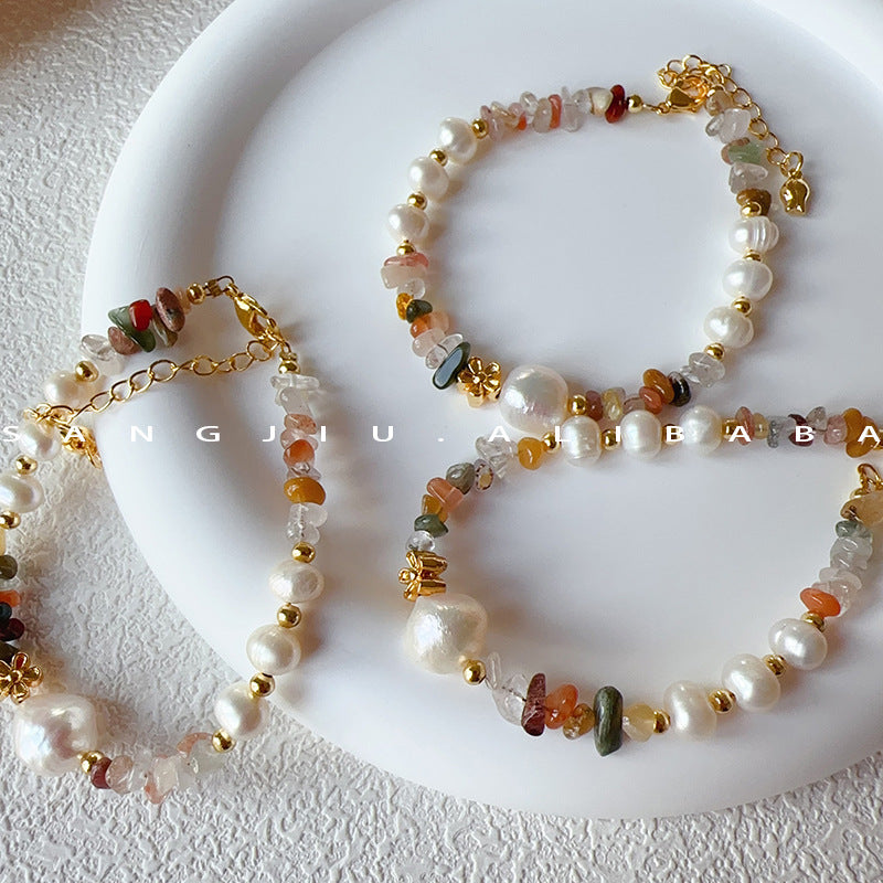 Artistic Oriental Style Natural Stone Pearl Small Flower Autumn Color Bracelet