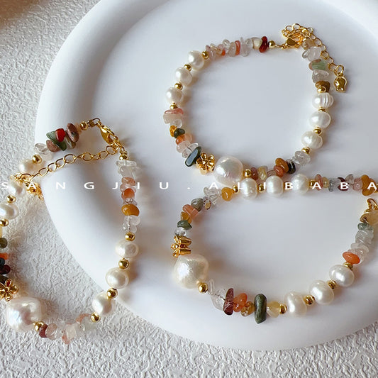 Artistic Oriental Style Natural Stone Pearl Small Flower Autumn Color Bracelet