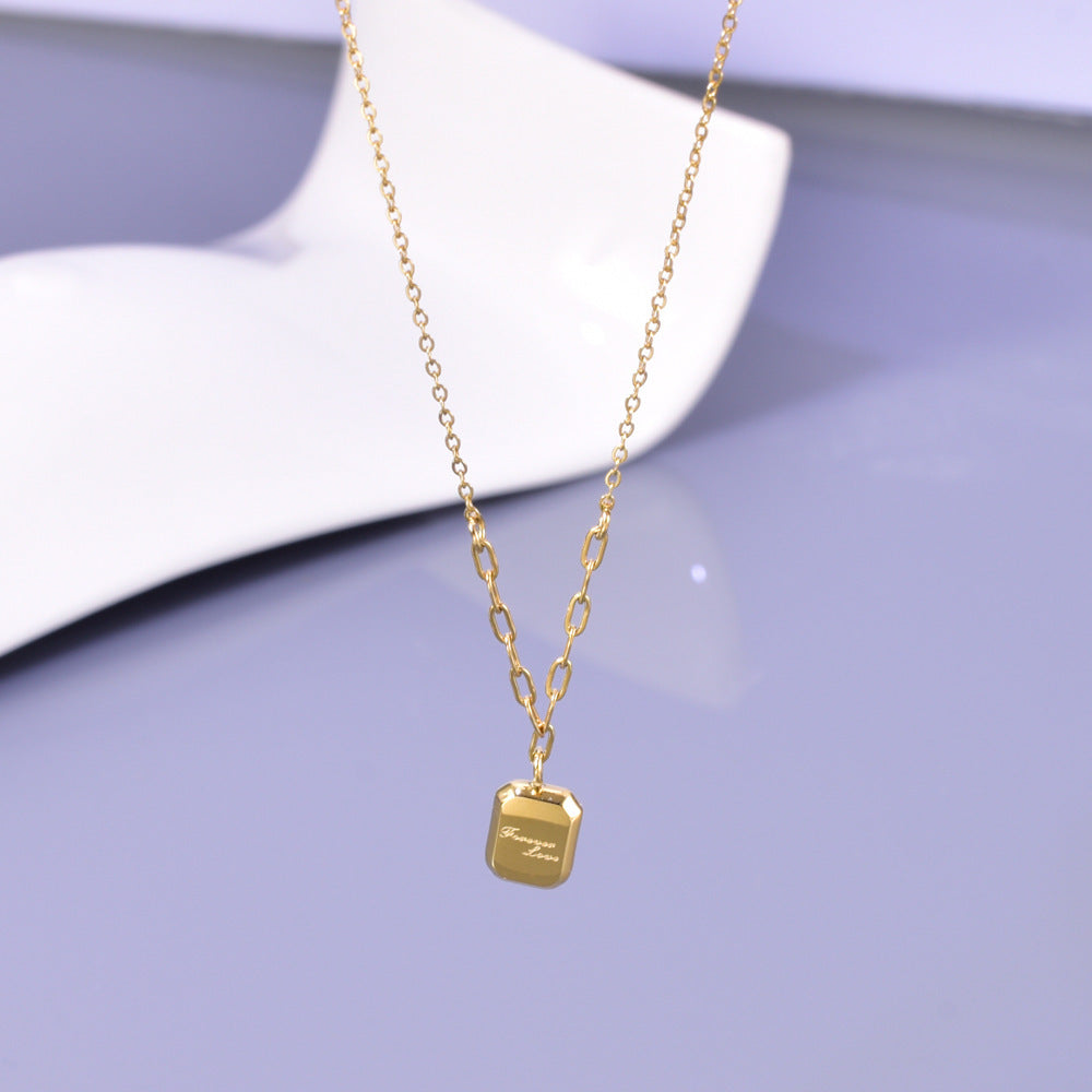 Beautiful Lavender Square Double-sided English Letter Stainless Steel Female Compact Necklace