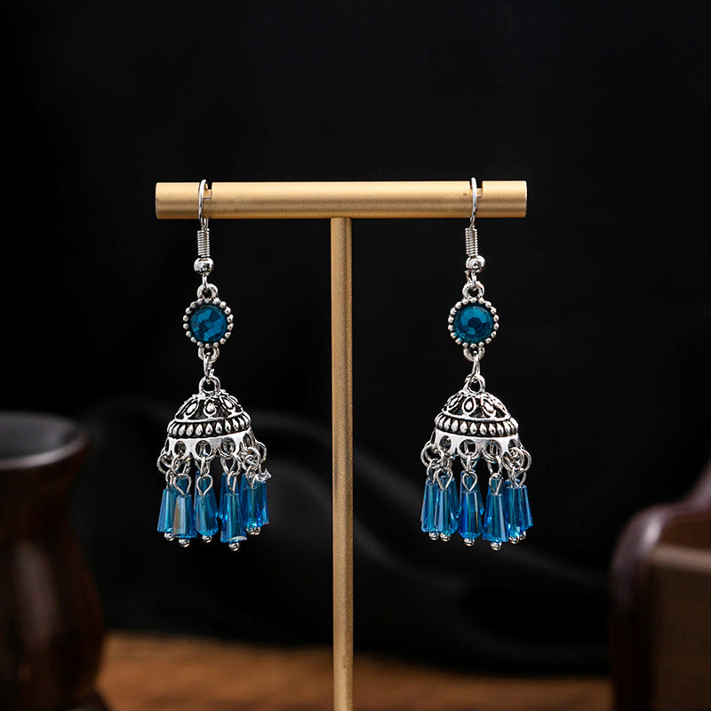 Turquoise Bohemian Palm Owl Bronze Carved Geometric Feather Earrings