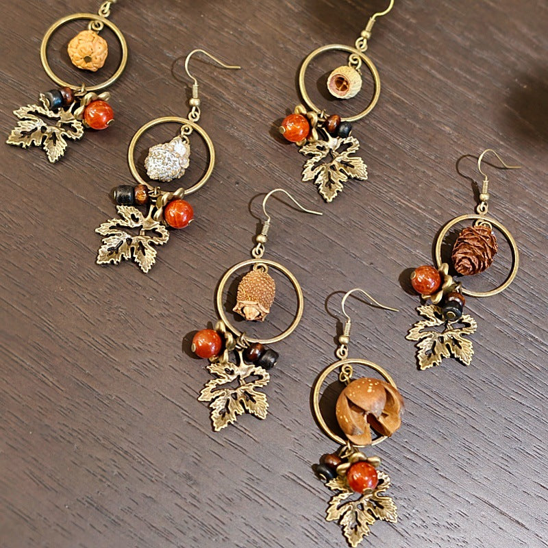 Palace Niche Exotic Plant Dried Fruit Maple Leaf Dangling Earrings