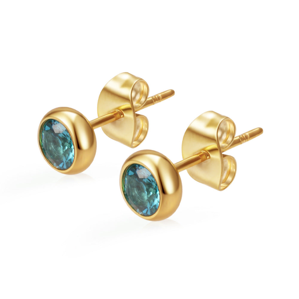 Women's Round Stainless Steel Zircon Trendy Versatile Real Gold Stud Earrings